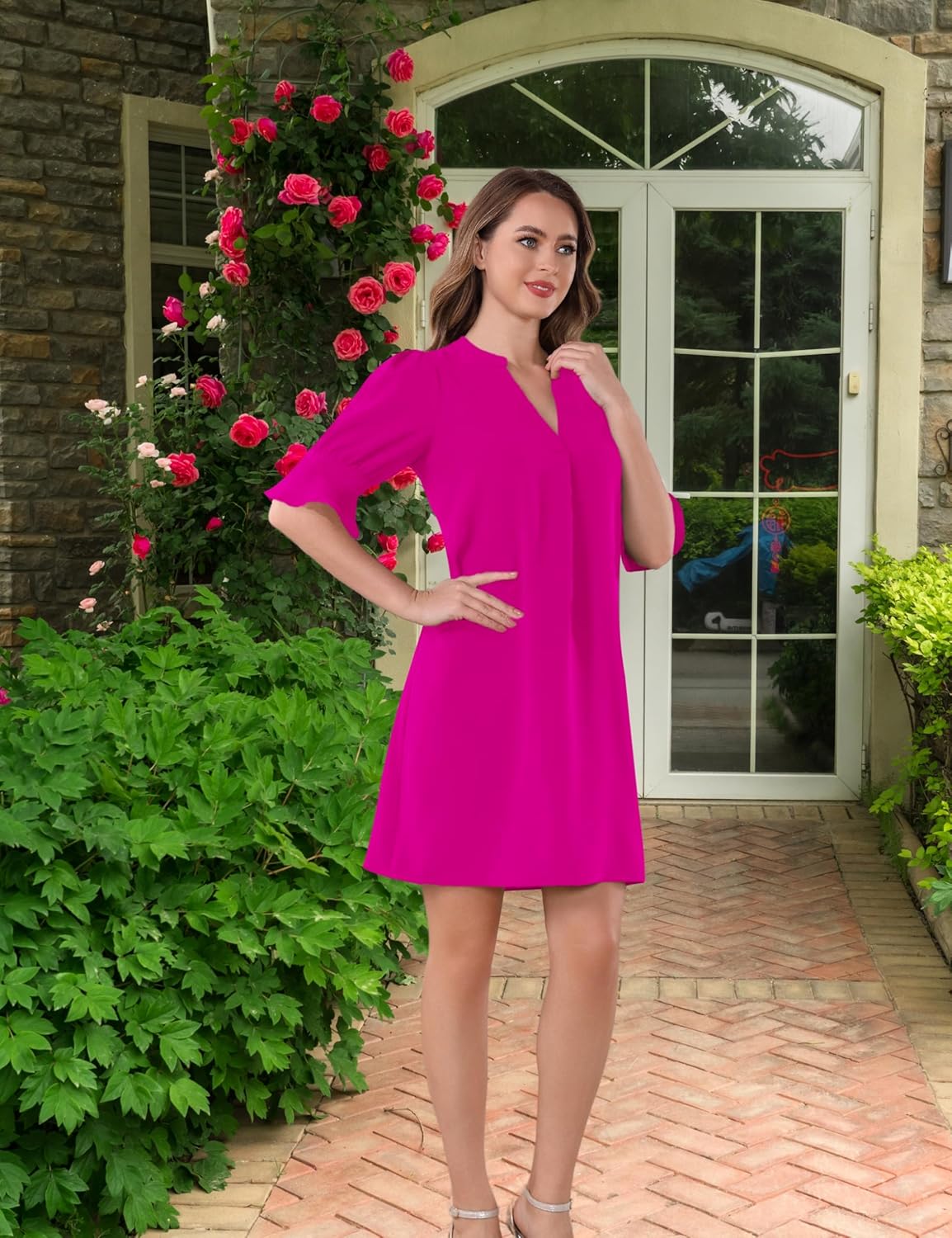 Aphratti Women's Shift Dress Short Sleeve V Neck Flowy Cute Casual Spring Summer Dresses - Image 6