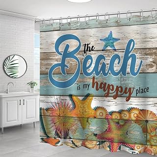 The Beach is My Happy Place Shower Curtain with Hooks Beach Ocean Theme Shells Bath Curtains Waterproof Fabric Polyester Shower Curtain for Bathtub Home Bathroom 72" X 72"