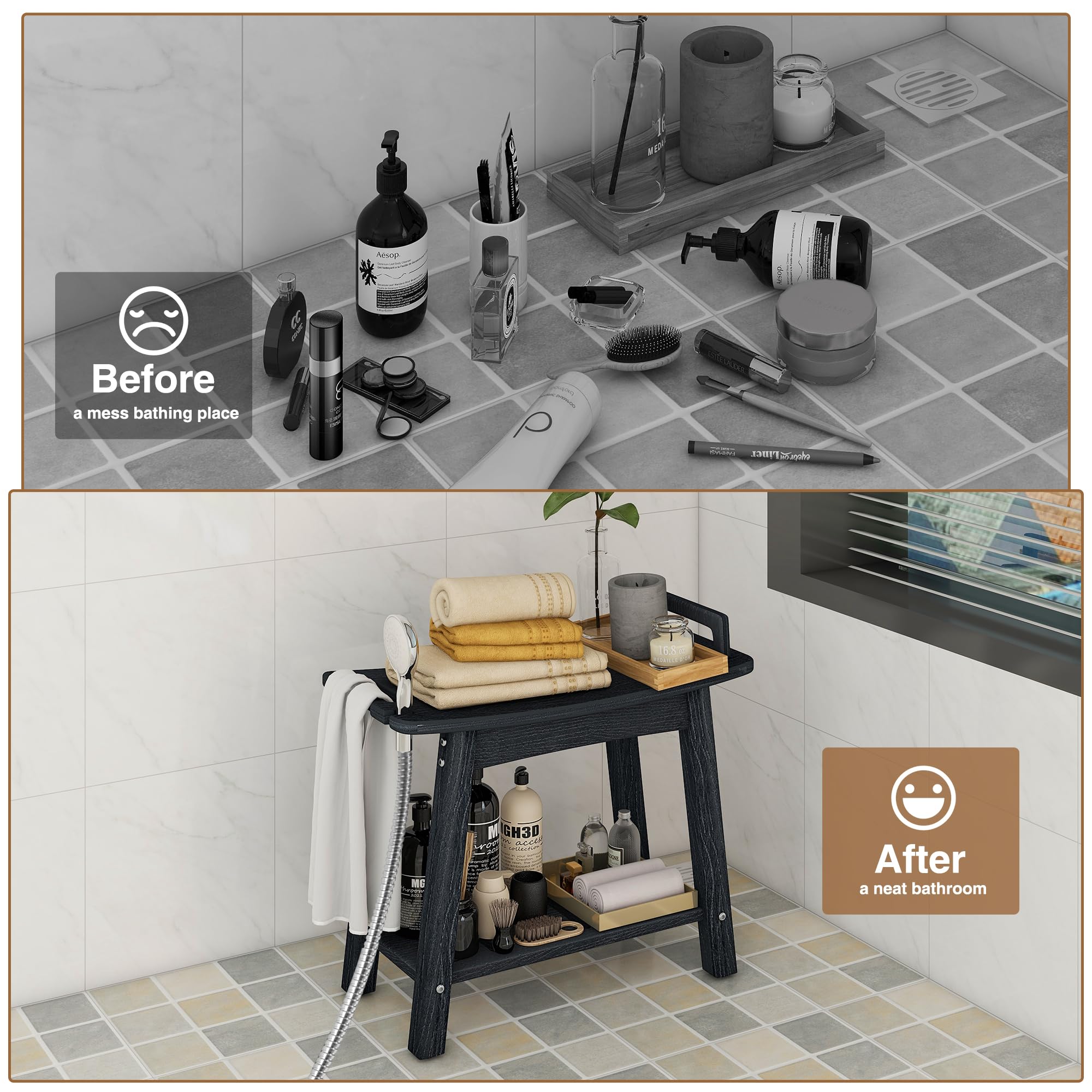 FLyjoe Banco de Ducha para Interior de Ducha, Patas de Afeitado, Asiento Grande Impermeable de Polietileno de Alta Densidad con Estante de Almacenamiento y Asas, Taburete de Ducha de SPA para bañera,