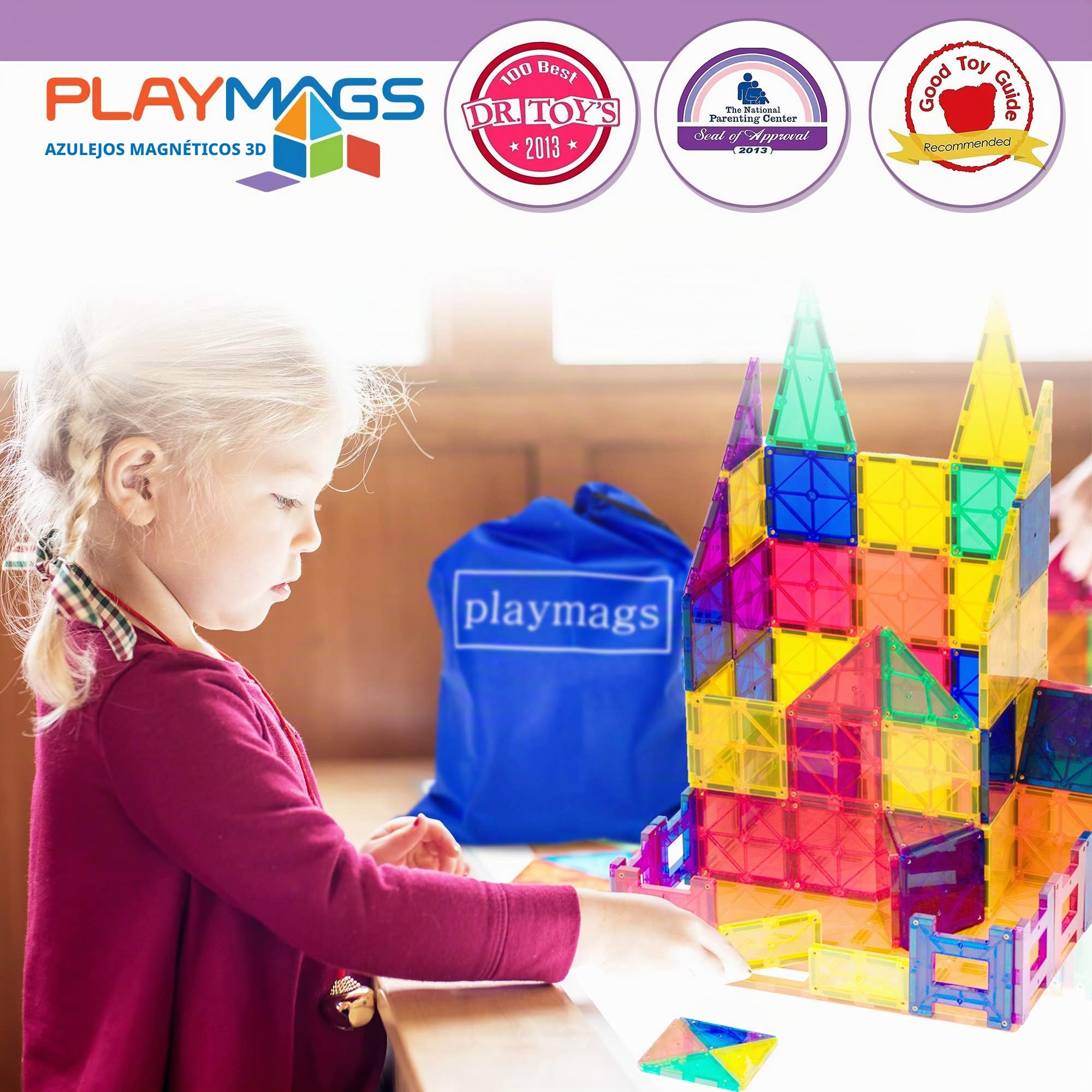 Playmags Conjunto 48 Piezas - con imanes más Fuertes, Tallo Juguetes para los niños, fichas magnéticas y Bloques de construcción, Resistente, Durable con el Super Vivid Borrar Color de los Azulejos