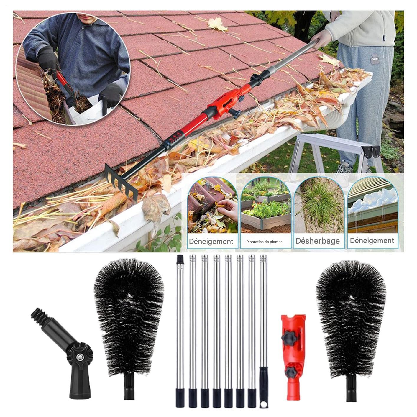 Outils de Nettoyage de Gouttières | Brosse de Toit à Manche Télescopique | Poteau d'Accès Long de 3,2 mètres pour Le Toit, Qui Permet d'Enlever Les Branches et Les Débris, sans Avoir Besoin d'Échelle