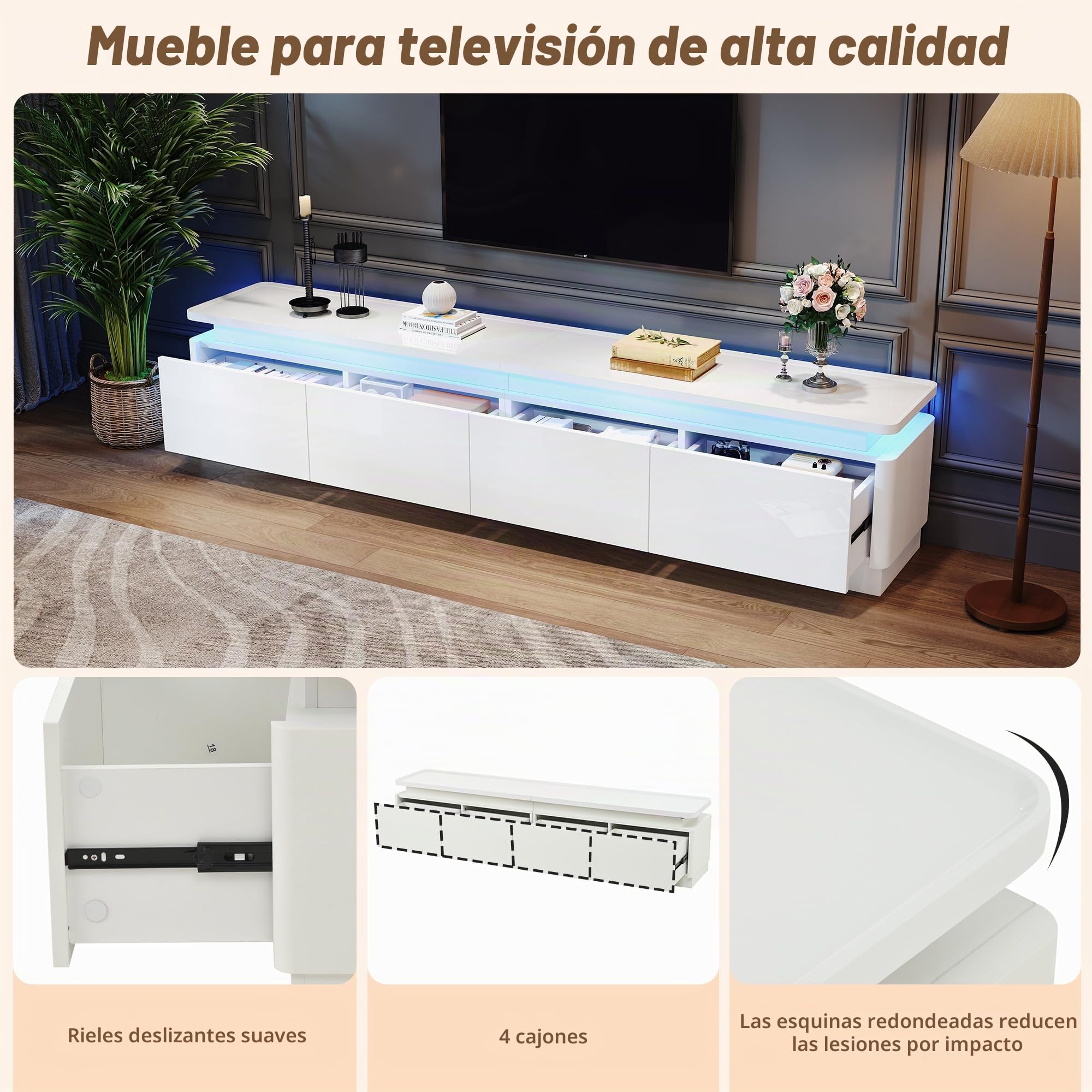 SACOOL Gabinete de TV blanco de alto brillo 180 x 34 x 40 cm con LED y 4 cajones, soporte de TV y gabinete de TV, tablero y mesa de TV, armario de TV y mesa de TV adecuado para televisores de 80