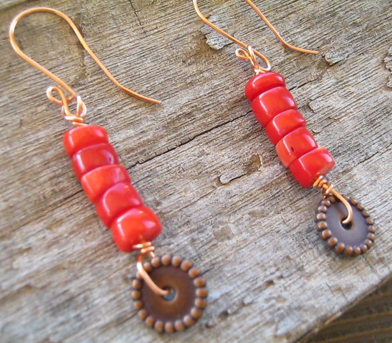 Handmade Red Bamboo Coral Stick Earrings, Copper Wire Wrapped