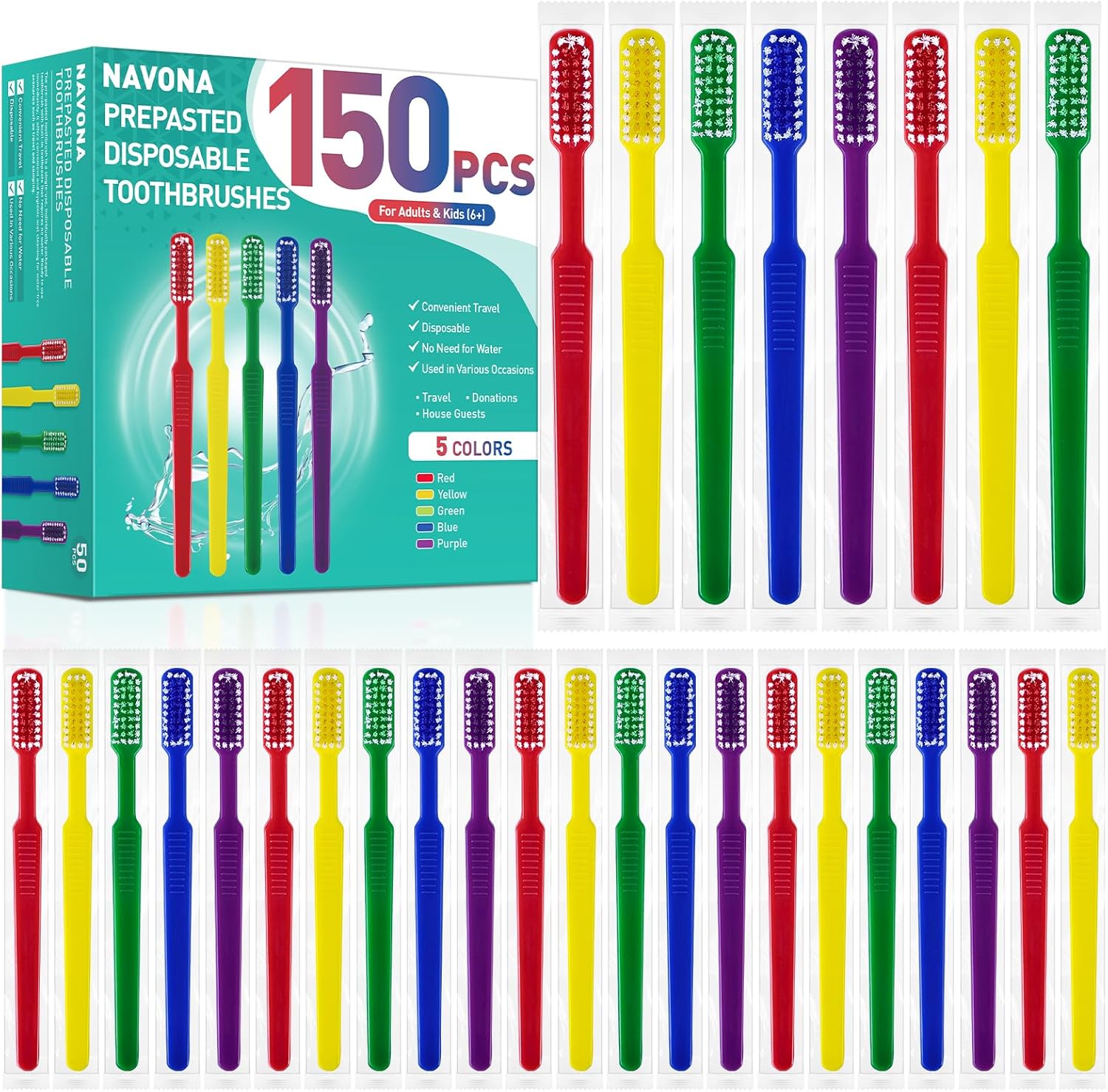 Navona 150 PCS Prepasted Disposable Toothbrushes with Toothpaste, Premium Bulk Toothbrushes Individually Wrapped, Single Use Bulk Toothbrush for Travel, Guests, Hotel, Camping