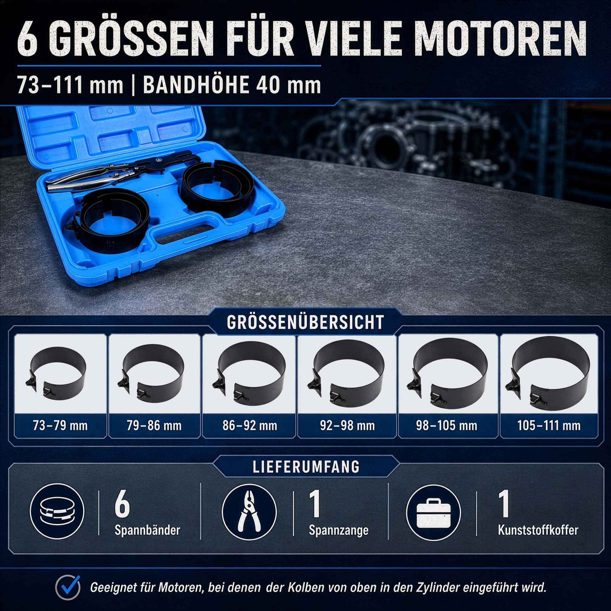 WilTec Jeu de 6 Colliers de Serrage de Segments de Piston - Tailles de 73-111 mm - avec Pince de Serrage - dans Un Coffret Robuste - Bandes Pistons Voiture