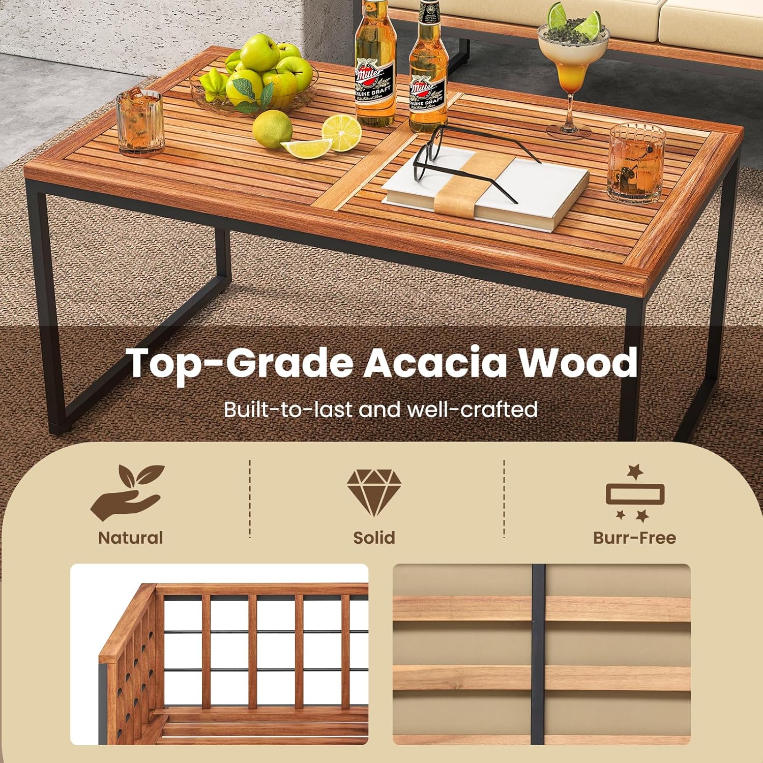 Tangkula Acacia Wood Outdoor Sofa Set, 4 Pieces Outdoor Furniture Set with Heavy Duty Metal Frame, Soft Seat & Back Cushions, for Balcony, Porch, Backyard or Poolside (1, Beige)