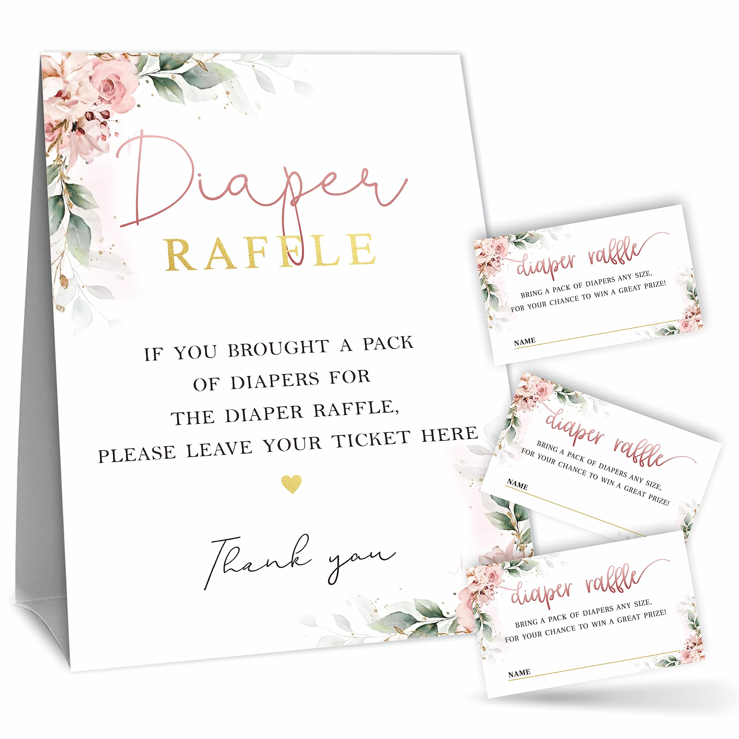 Diaper Raffle Game Kit For Baby Shower (1 Standing Sign + 50 Tickets) - Blush Floral Theme - Gender Reveal, Baby Announcement Party Supplies &