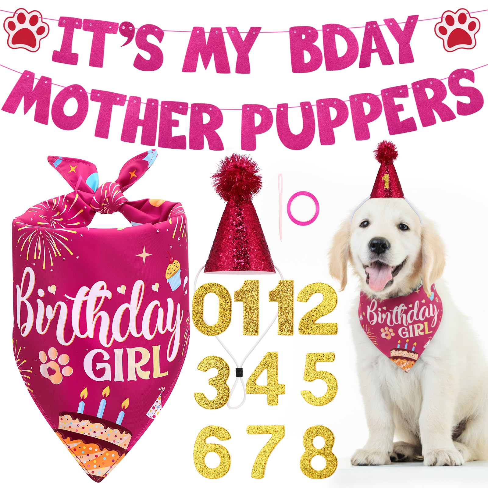 Dog Birthday Bandana Cute Pet Party Outfit Scarf Flag Gold Number Decorations Rose Red Birthday Supplies Accessories for Small Medium Dogs