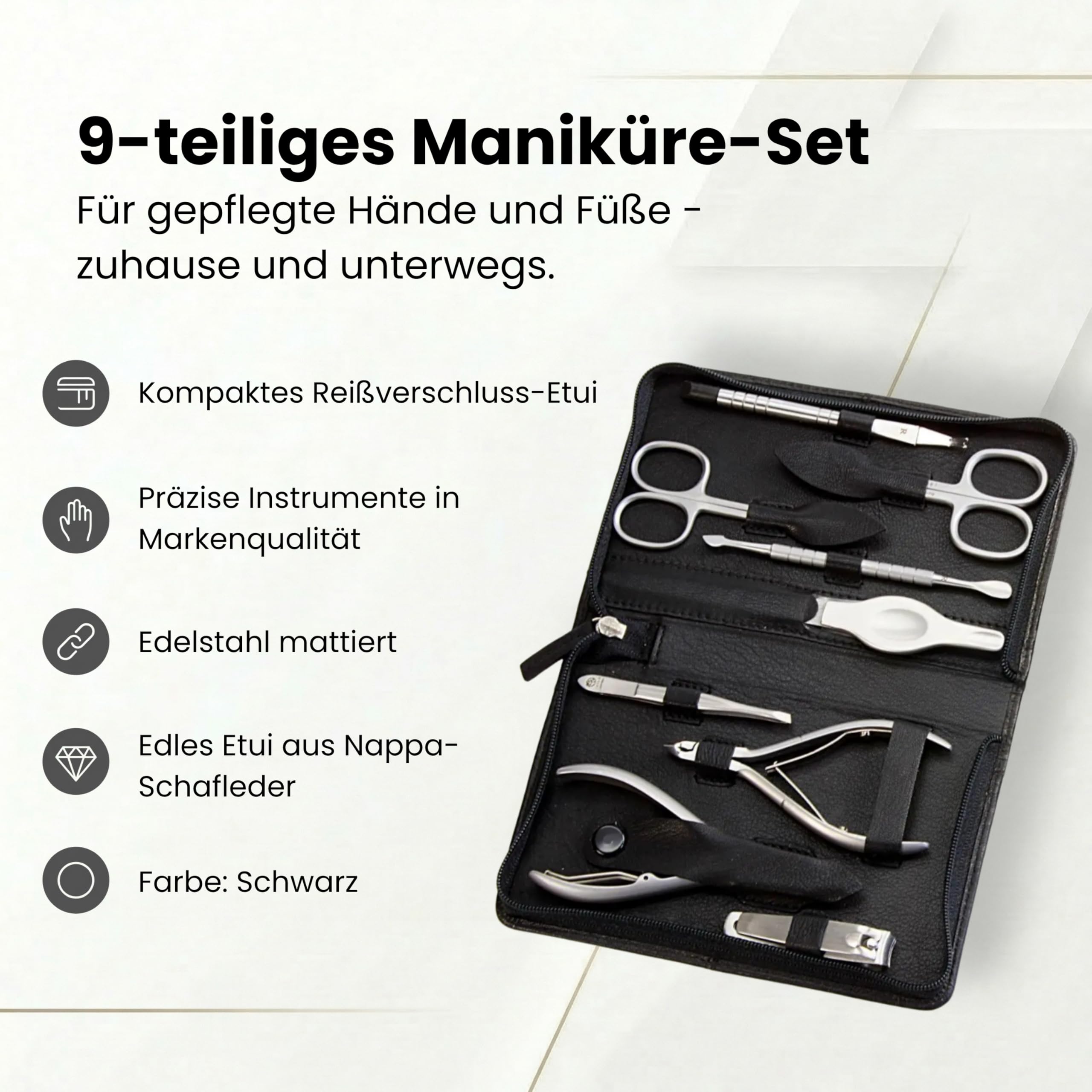 Hans Kniebes Maniküre Set 9-teilig Schwarz – Profi Nagelpflege & Pediküre Set aus Edelstahl – Nappa Schafleder Etui mit Reißverschluss – Nagelschere, Zangen & Knipser – Premium Manikürbesteck