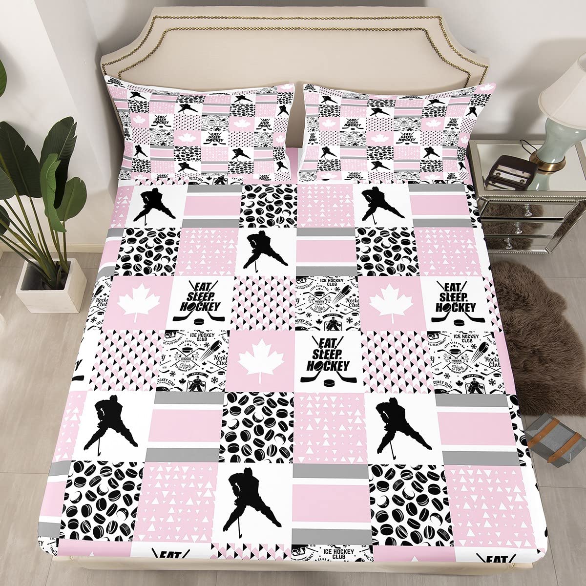 Erosebridal Ice Hockey Sheets Buffalo Plaid Decor,Pucks Sports Ball Games Sheet Set for Girls,Extreme Sport Fitted Sheet for Hockey Player,Maple Leaf Bed Set Twin Canadian Flag Decor Pastel Pink