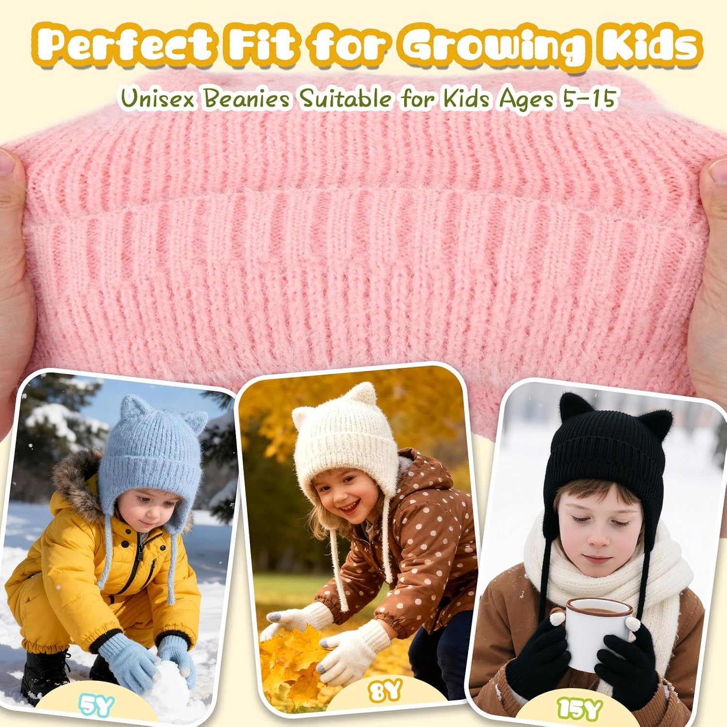 ZOORON Kids Winter Hat Glove Set for Boys and Girls, Cat Beanie with Warm Ear Flaps, Knit Skull Cap for Age 5-15 Years