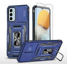 Asuwish Phone Case for Samsung Galaxy M14 5G with Tempered Glass Screen Protector and Slide Camera Cover Magnetic Ring Holder Kickstand Protective Cell Accessories M 14 14M G5 SM Women Men Navy Blue