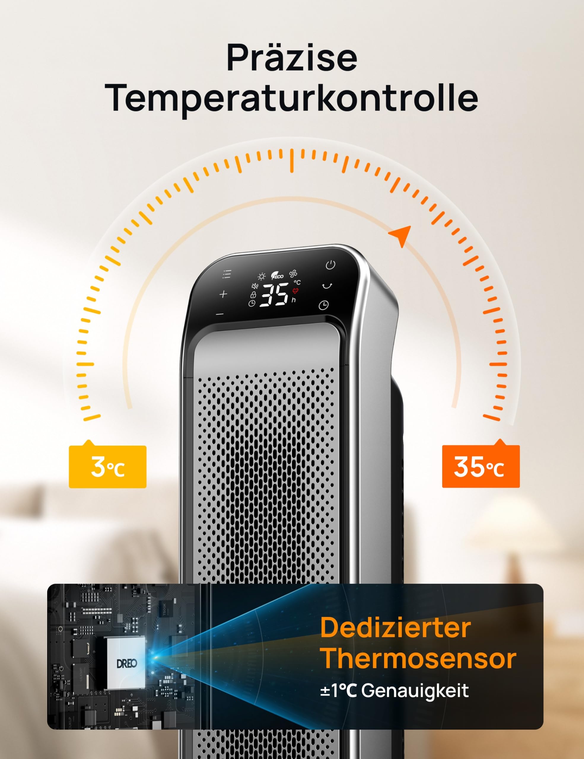 Dreo Solaris Max Heizlüfter 2000W Keramik Heizung Elektrisch mit Fernbedienung Thermostat 25 Zoll 3 Modus 12-Std-Timer