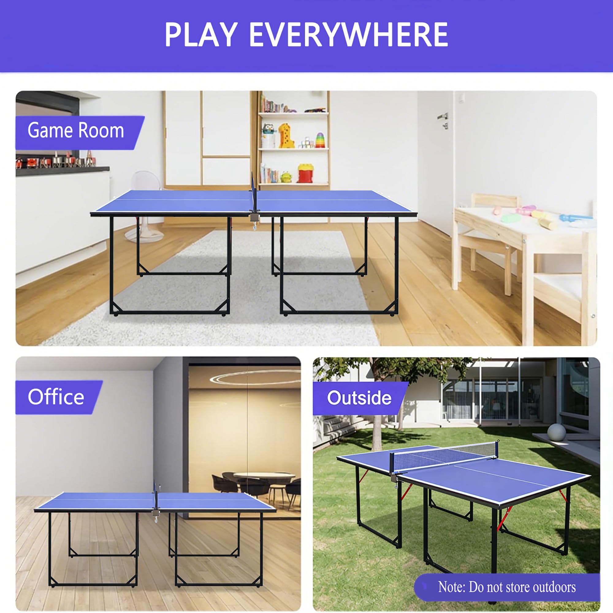Tavolo da ping pong pieghevole, tavolo da ping pong portatile per interni ed esterni, set multifunzionale da ping pong, include rete, 2 racchette da ping pong e 3 palline