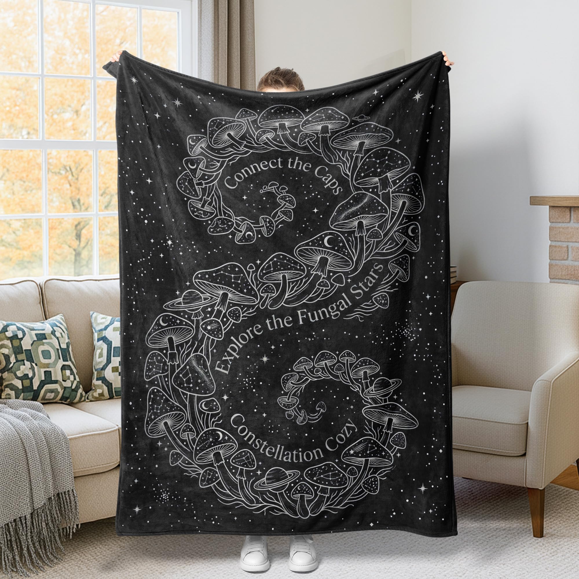 Couverture en flanelle motif champignons noir 127x152 cm pour lit