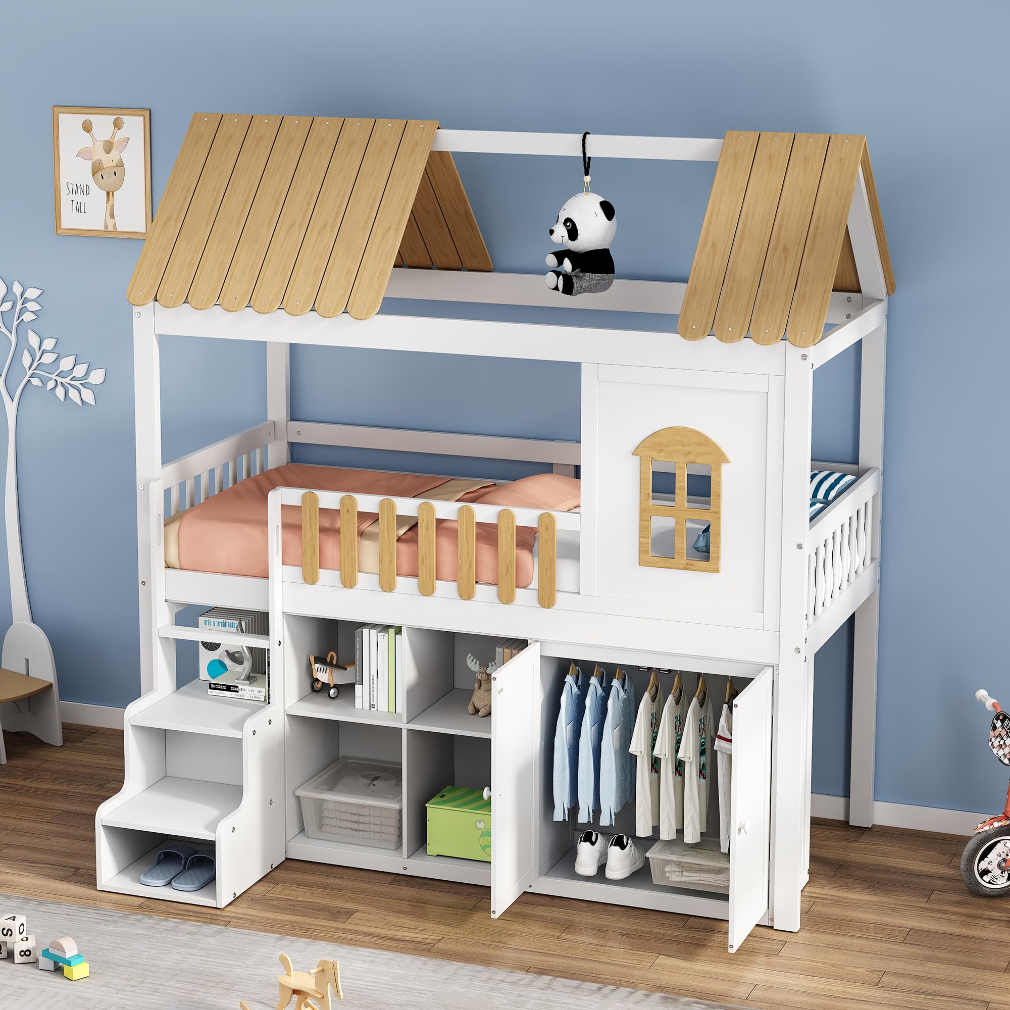 Cama cabaña infantil de 90 x 200, litera infantil 90 x 200 cm con ventana decorativa, armario de almacenamiento infantil con zapatero y armario, marco de pino macizo natural blanco (sin colchón)