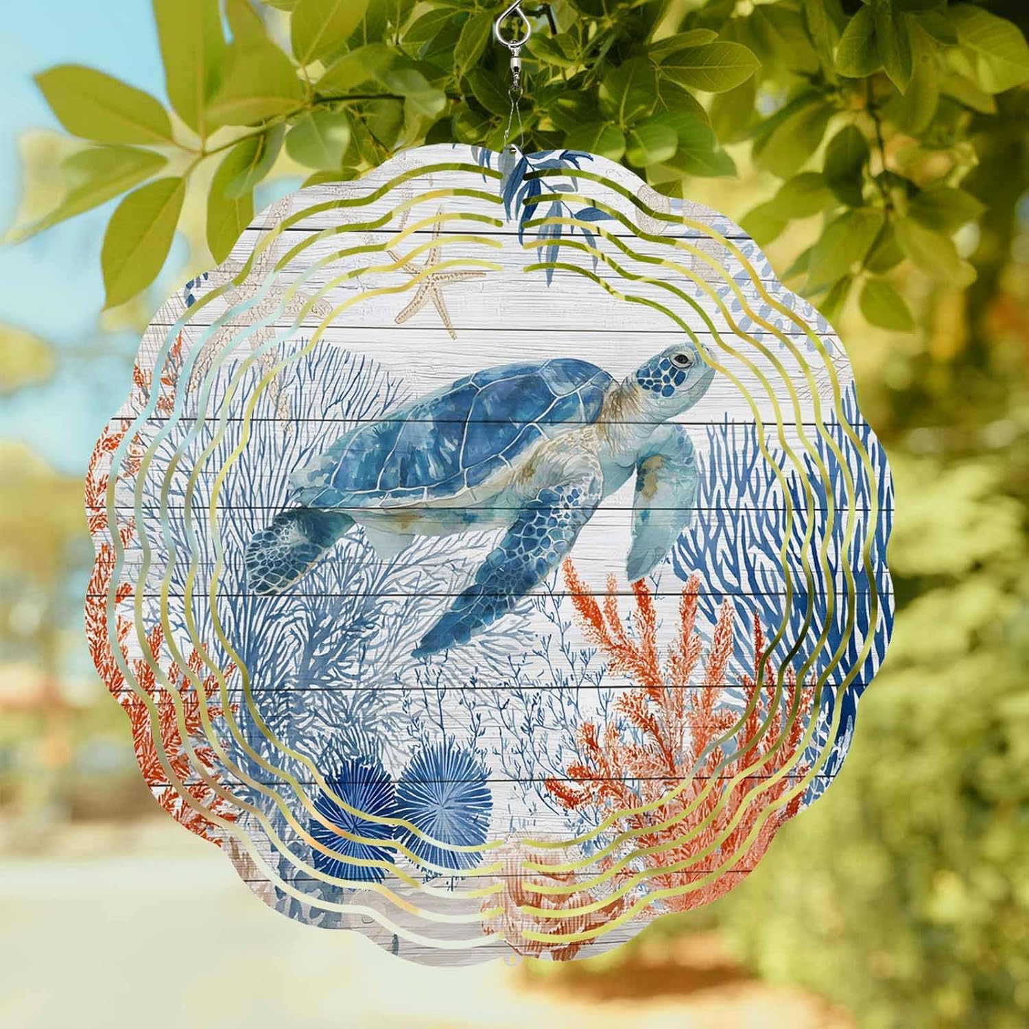 Underwater Turtle Ocean Starfish Wind Spinner for Garden Yard 3D Stainless Steel Hanging Wind Spinners, Sea Coral Wood Board Spinners Outdoor Metal Decor for Lawn Patio Home