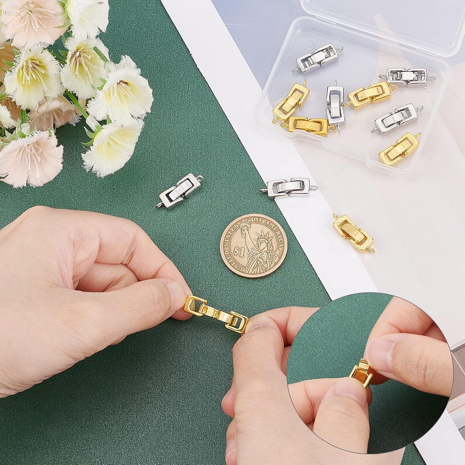 SUNNYCLUE 1 Box 12 Sets 2 Colors Bracelet Extender Clasp Fold Over Clasps for Jewelry Making Necklace Extenders Bracelet Extension Plated Clasps Anklets DIY Craft Supplies Golden Platinum Color