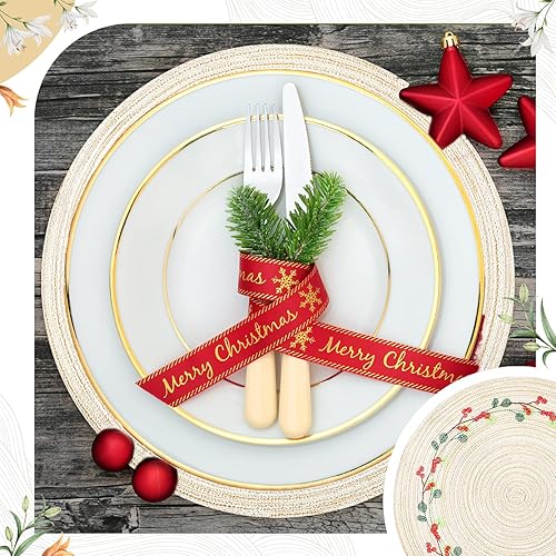Miniatura 5 de Buryeah Juego de 12 manteles individuales redondos de Navidad lavables de 15 pulgadas, manteles individuales bordados con apliques bordados,