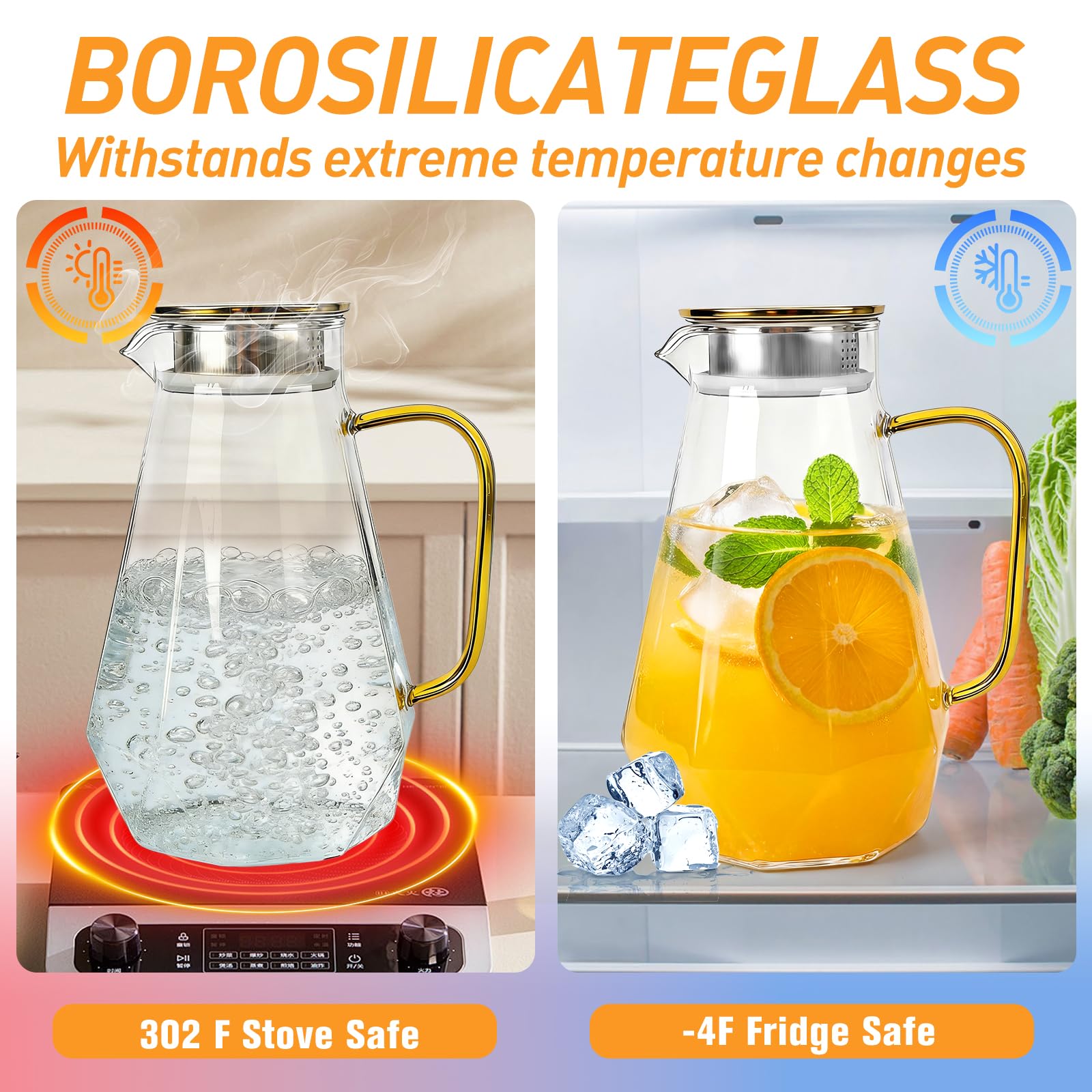 Jarra de cristal de 2 litros con asa y tapa de acero inoxidable dorada, jarra de cristal para agua, zumo, leche, café, té, lavavajillas