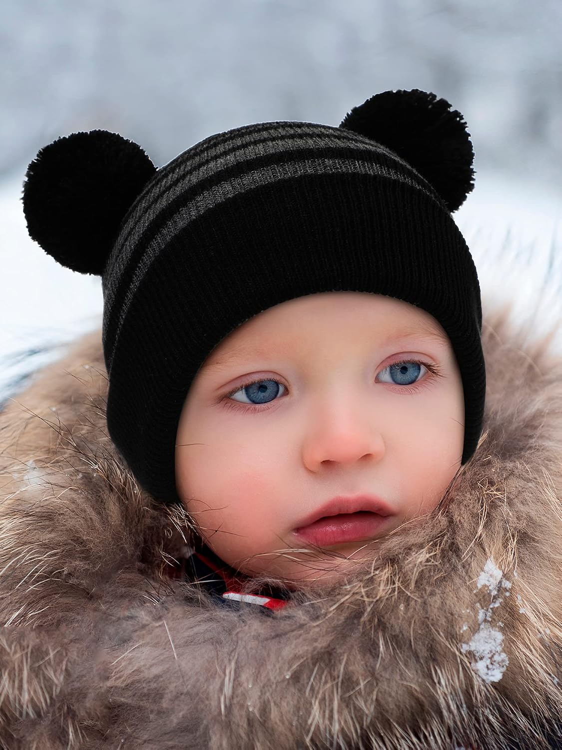 9 Pcs Kids Hat Scarf Gloves Set Winter Knit Beanie Neck Warmer Mittens Striped Cap Fluffy Scarf Gloves for Kids Aged 3-10 (Black Gray, Gray White, Pink White)