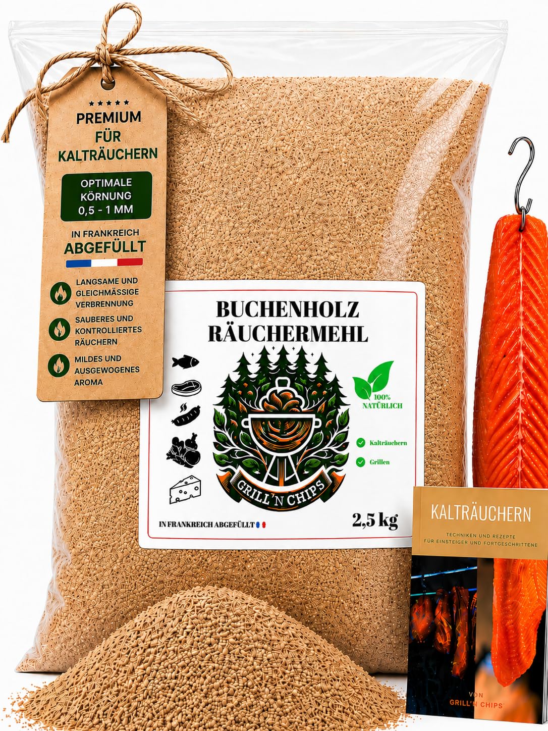 Premium Räuchermehl Buche 2,5 kg – 100% natürlich–Feine Buchenspäne (0,5 mm-1 mm) für Kalträuchern & Heißräuchern – Perfekt für Kaltrauchgenerator, Fleisch & Fisch–Ideal für Räucherofen–Gratis E-Book