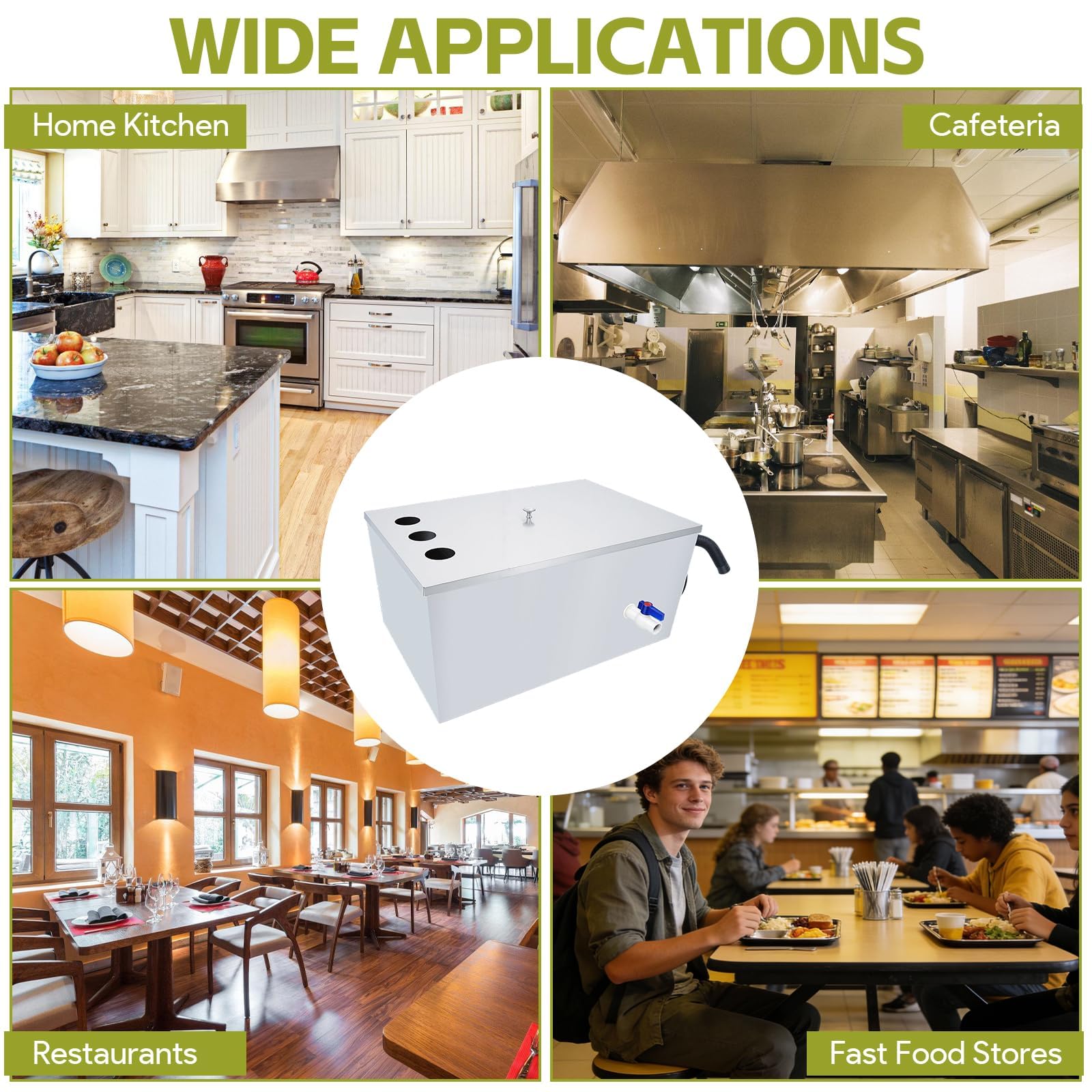 Piège à graisse commercial en acier inoxydable 72L avec 3 entrées supérieures pour maison, restaurant, cantine, évier de cuisine, avec déflecteurs amovibles 60 x 40 x 30 cm