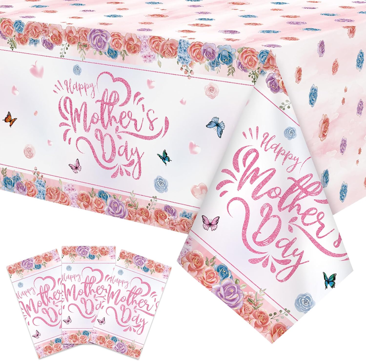 3-Piece 54 x 108 Inch Mother’s Day Plastic Tablecloths – Floral Rose Disposable Rectangle Table Covers with “Happy Mother’s Day” Design for Mom Celebration, Brunch, and Mother’s Day Party Decorations