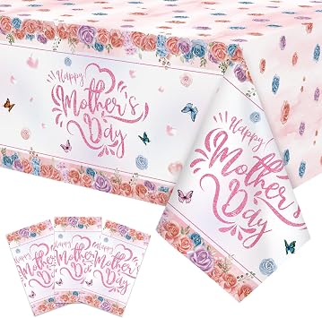3-Piece 54 x 108 Inch Mothers Day Plastic Tablecloths Floral Rose Disposable Rectangle Table Covers with Happy Mothers Day Design for Mom Celebration, Brunch, and Mothers Day Party Decorations