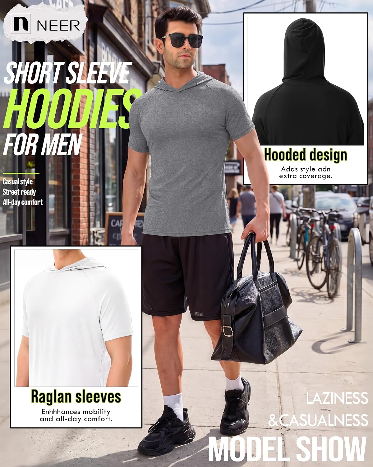 Neer 3 Pack Men's Short Sleeve Hoodie, Workout Gym Slim Fit Hooded Shirts Muscle Athletic Casual Lightweight Sweatshirts