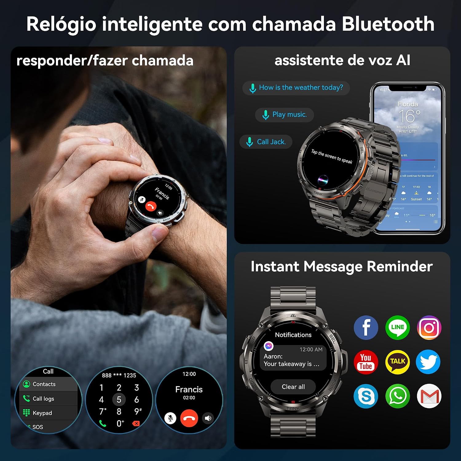 KOSPET Tank T3 Ultra Smartwatch, 50M à prova de água, GPS, bússola, pressão do ar, altitude, aço inoxidável completo, chamada Bluetooth, ecrã AMOLED sempre activo de 1,43'', voz AI Banda de Metal