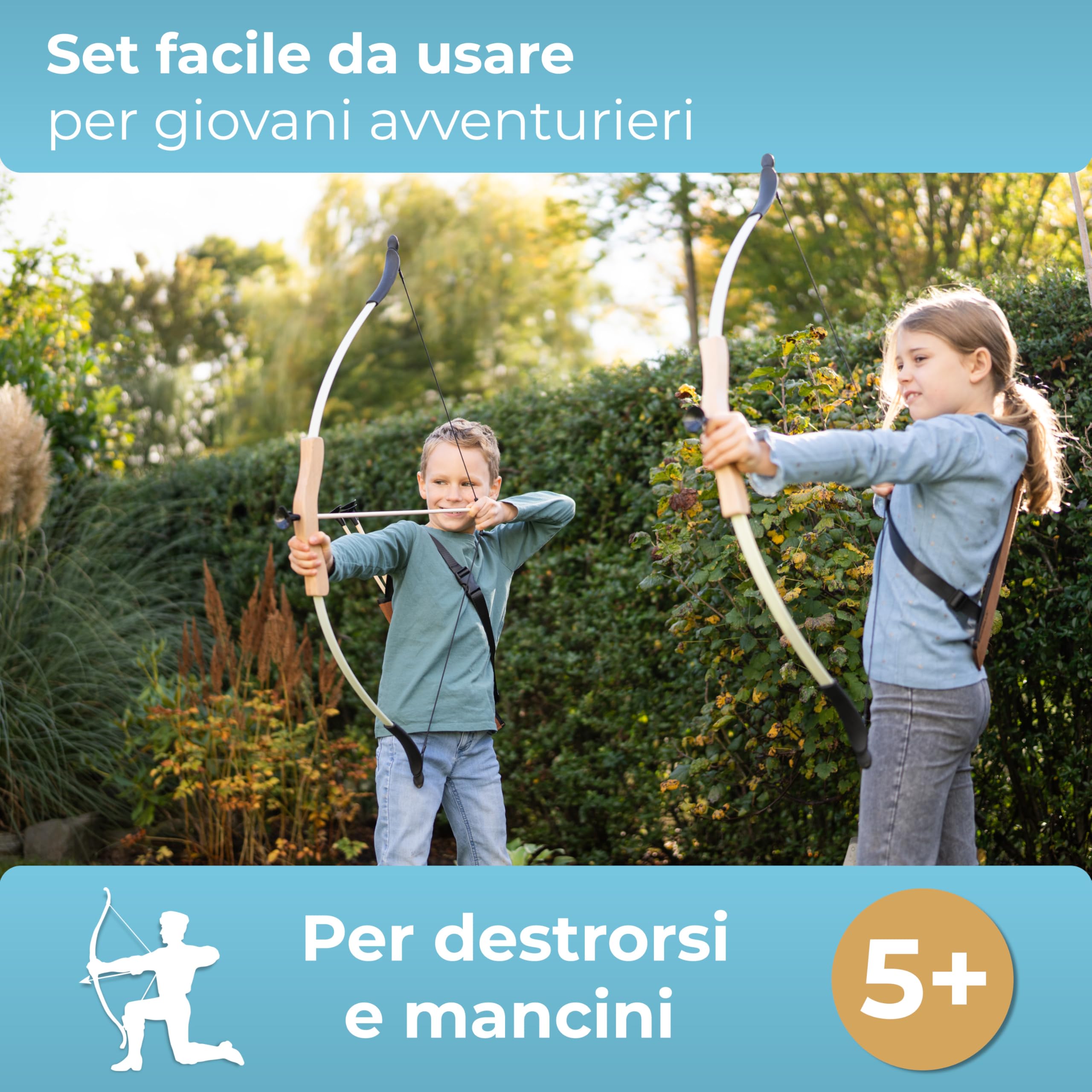 BOWRILLA® Arco e Frecce per Bambini in Legno - Gioco Bambino 5 Anni e più con 10 Frecce, Faretra, 3 Bersagli e Borsa