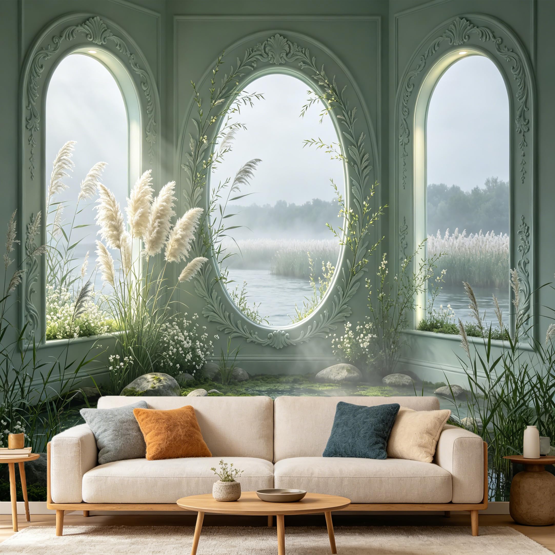 Custom Size Wall Mural， 3D Trompe L'Oeil Interior Arch Window Lake View Botanical Reed， SelfAdhesive Art Prints wall Fabric Removable Large Wallpaper Home Living Room Decor