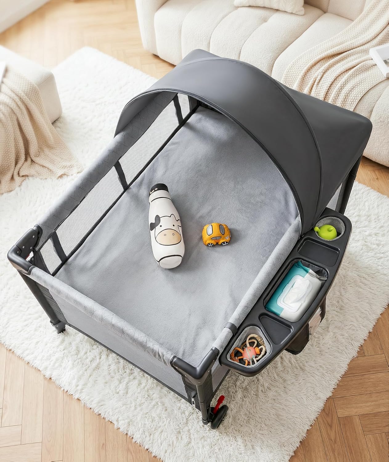 4 in 1 Baby Bassinet Bedside Crib with One-Hand Setup & Waterproof Mattress – ASTM-Certified Pack and Play, Portable Foldable Playard with Diaper Changer for Newborn to Toddler (Grey)