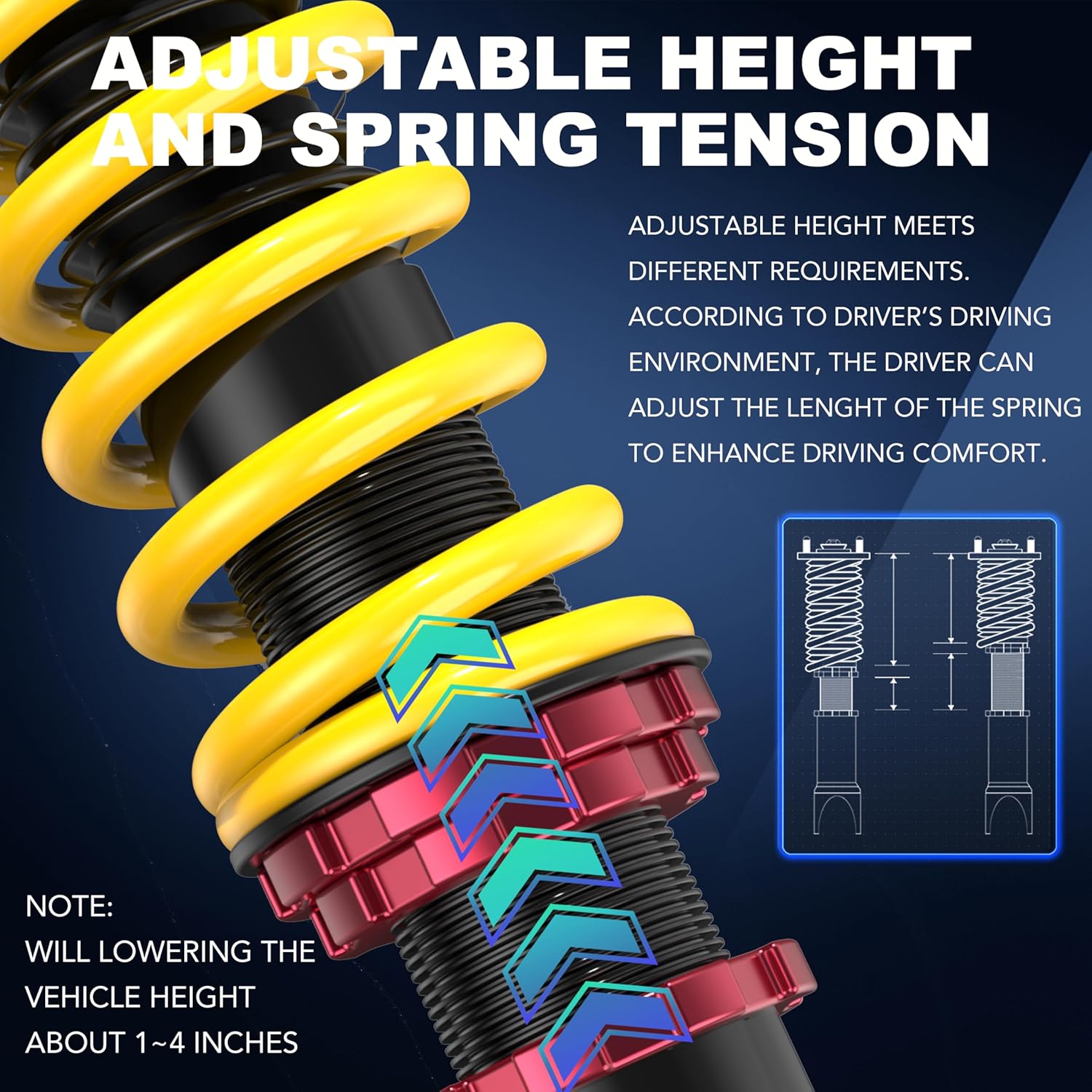 KUIPERAUTO Coilovers Lowering Struts Compatible for 1994-2001 Acura Integra 1989-2000 Honda Civic EG/ED/EK/EJ/EM1 Front+Rear Shocks Adjustable Height Suspension Coil Spring Strut(Set of 4)(Yellow)
