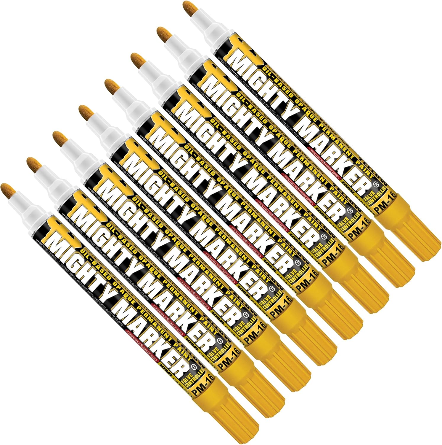 PM-16 Paint Markers, Quick-Drying Paint Pens for Metal, Industrial Use, Permanent Marks, High-Opacity, Weather-Resistant, 2.3mm Bullet Tip, 8 Bonus Tips, Made in USA- Yellow 8 Pack