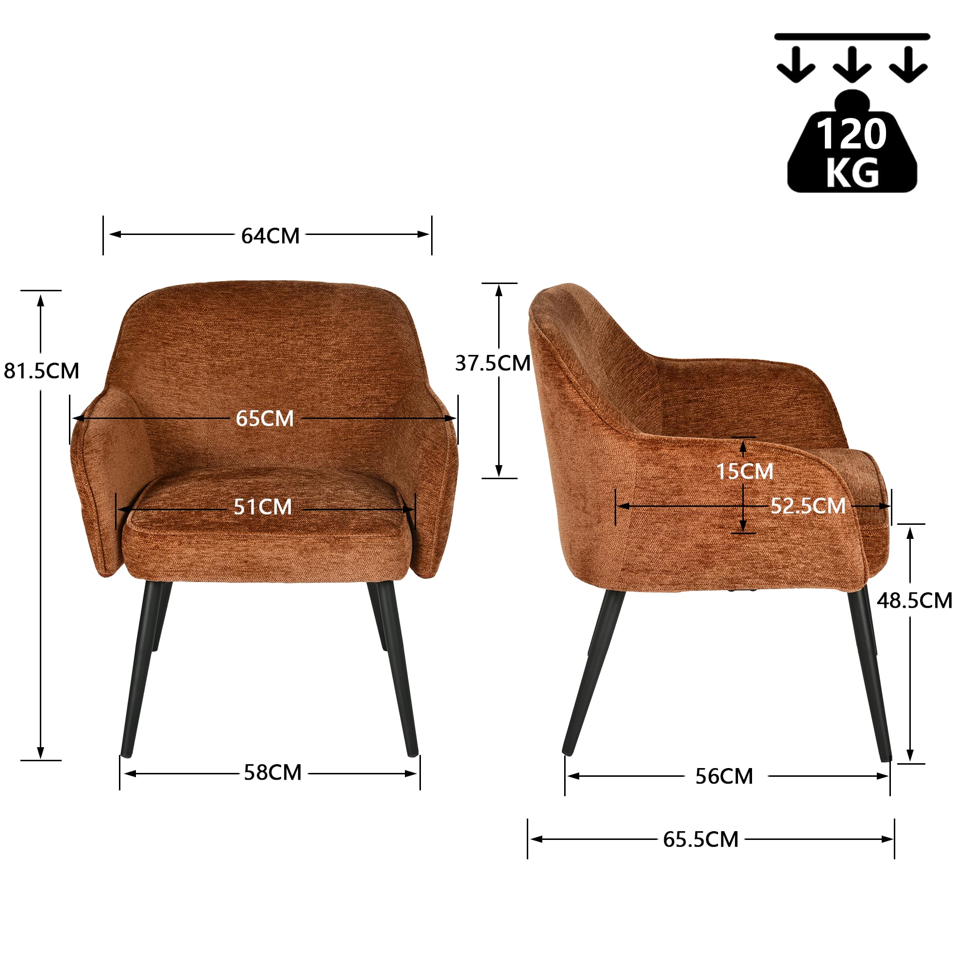 Meuble Cosy Chaise d’Accueil Confortable en Tissu Chenille, Fauteuil de Réception avec Coussin Épais 10 cm, Pieds Métal Stables, Style Élégant, Caramel