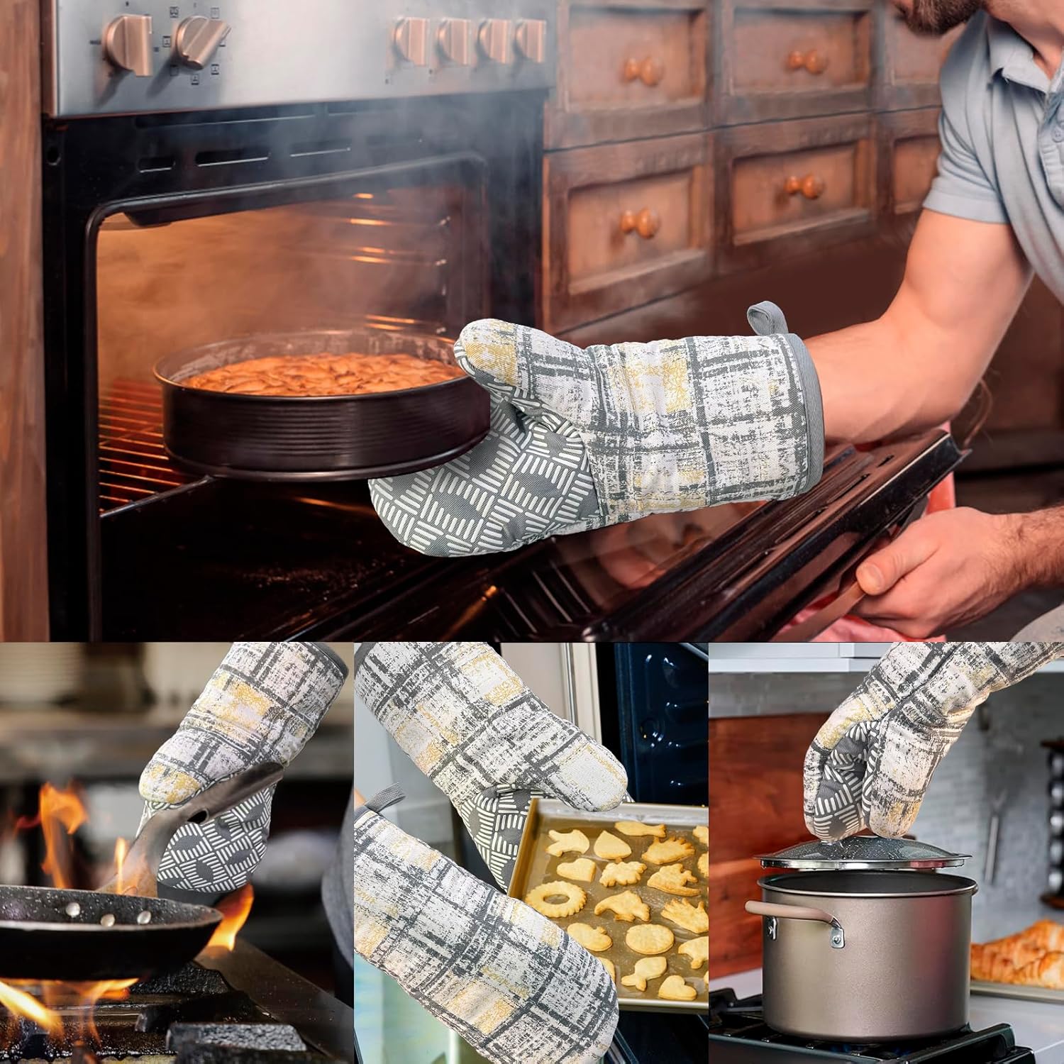 Alselo Thumb Oven Mitts, Heat and Slip Resistant Silicone Kitchen Mittens 2-Pack Set, Vintage Plaid Soft Long Oven Gloves, Flexible Thick Potholders for Safe Baking Cooking and Grilling (Vintage Grey)