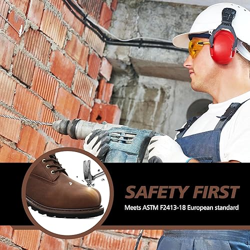 Miniatura 4 de SAFETY LOONG Botas de trabajo con punta de acero para hombre, impermeables, de cuero real, antideslizantes