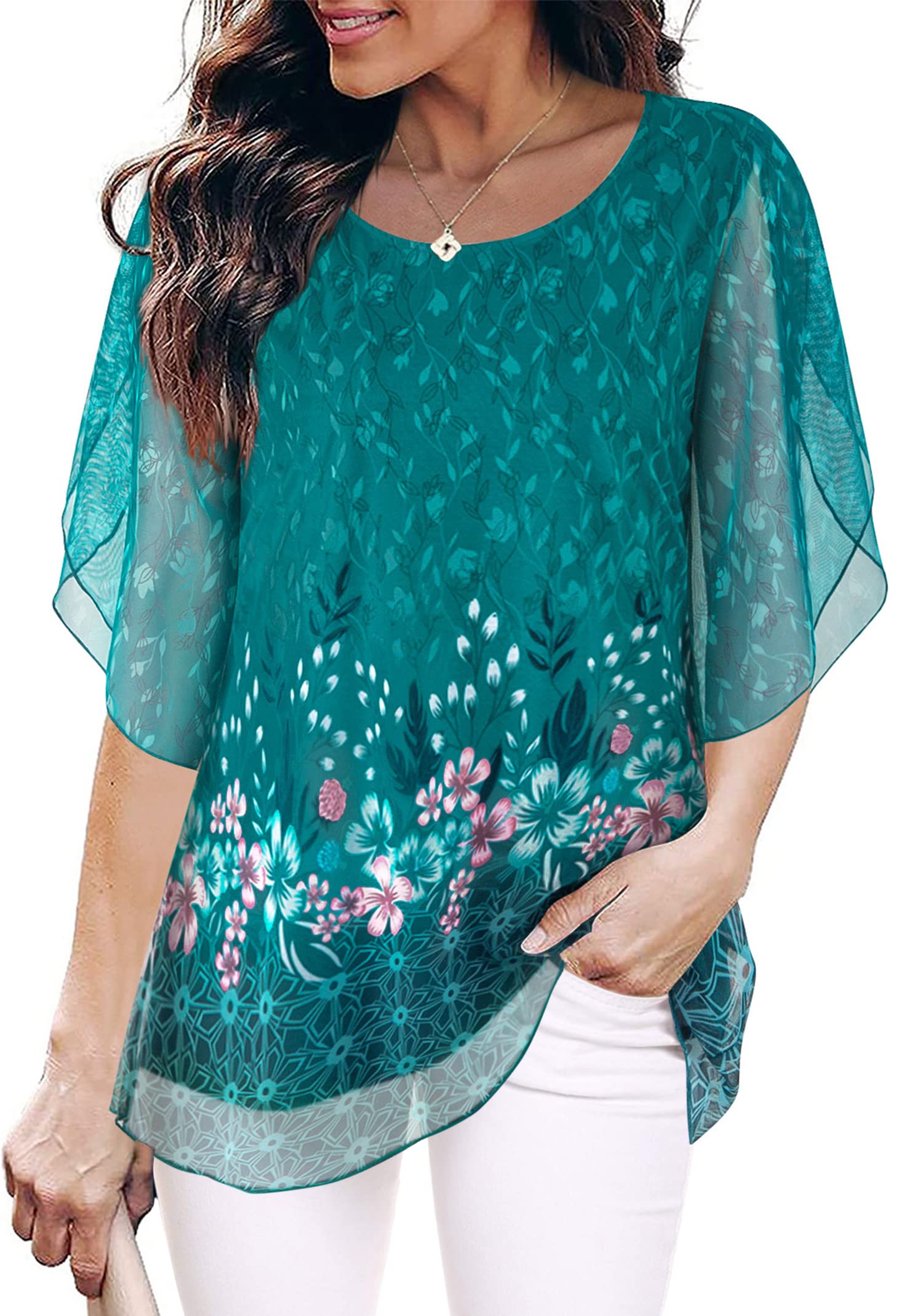 SeSe Code Womens Ruffle 3/4 Sleeve Mesh Blouses Loose Flowy Tops Stretchy Shirts - 72% off