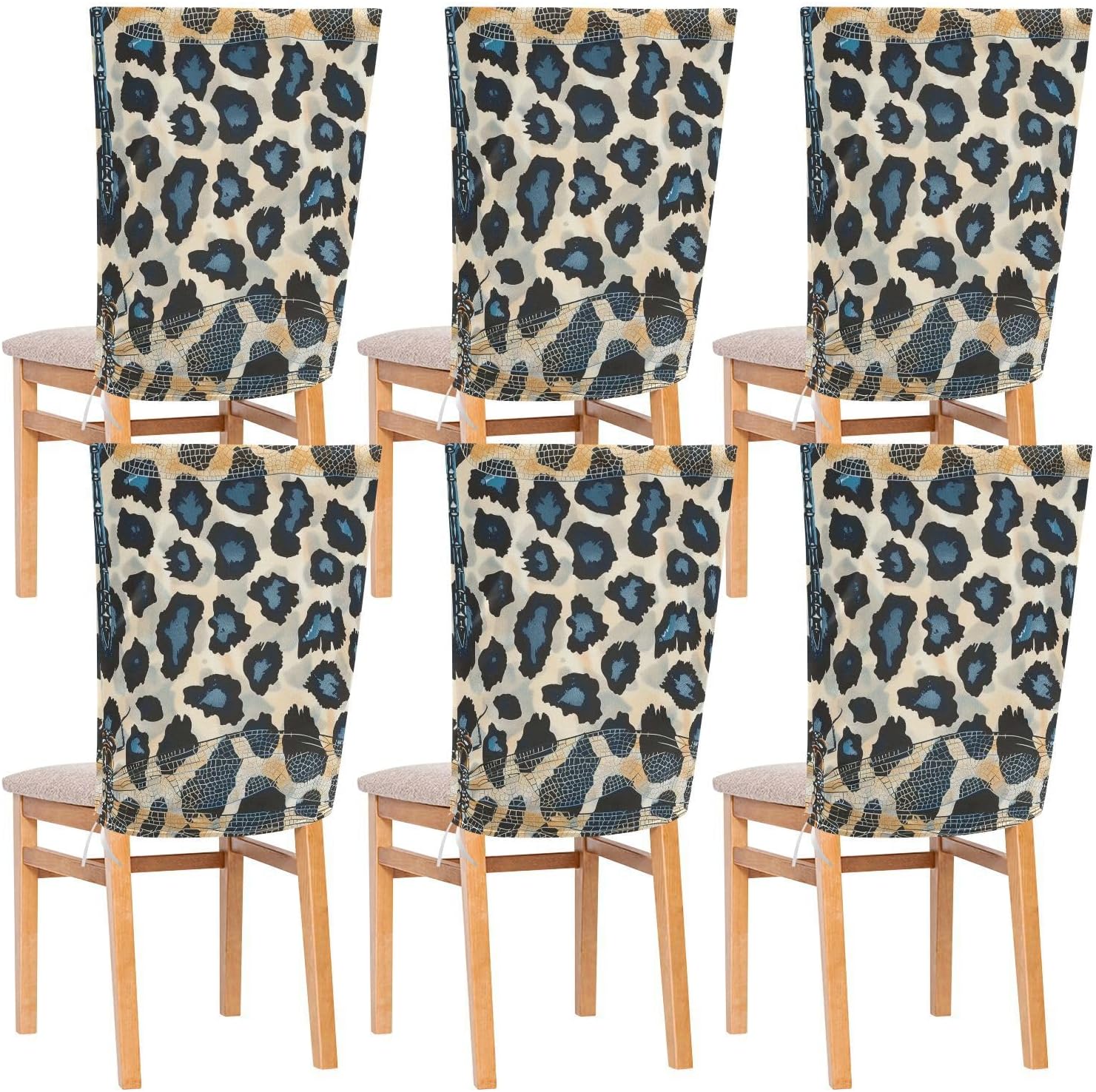 ALAZA Dragonfly Leopard Spots Chair Back Cover Set of 6, Washable Reusable Removable Chair Slipcovers Decorative Chair Cover for Home Kitchen Wedding Party