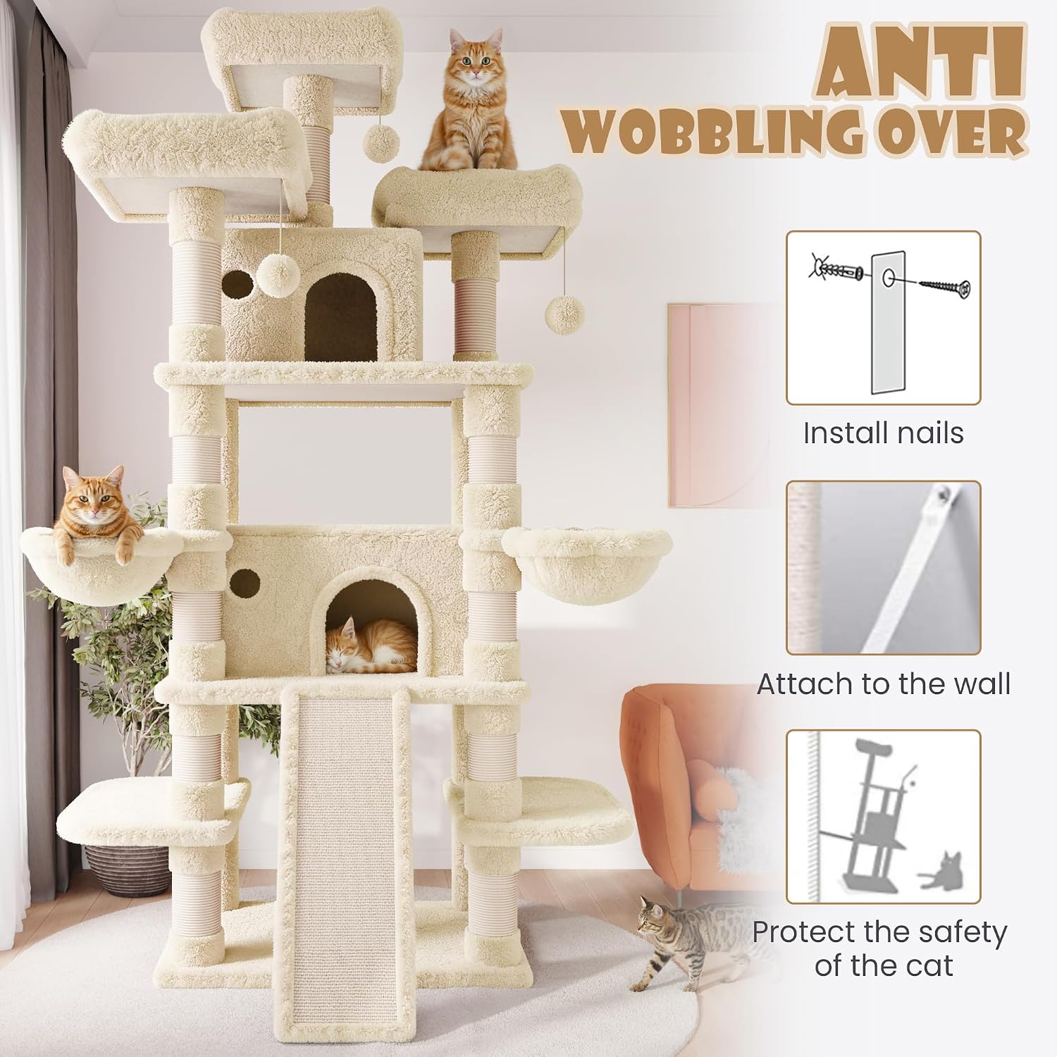 Diagram showing how to install nails and attach the cat tree to the wall for anti-wobbling stability
