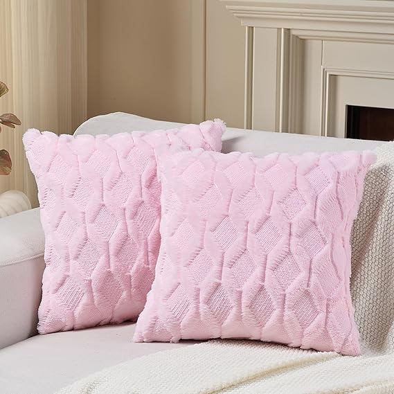 Volcanics Pack of 2 Faux Wool Throw Pillow Covers 20x20 Inches Decorative Farmhouse Velvet Couch Pillow Case Soft Plush Square Boho Cushion Pillowcase, Light Pink
