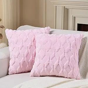 Volcanics Pack of 2 Faux Wool Throw Pillow Covers 20x20 Inches Decorative Farmhouse Velvet Couch Pillow Case Soft Plush Square Boho Cushion Pillowcase, Light Pink
