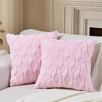 Volcanics Pack of 2 Faux Wool Throw Pillow Covers 20x20 Inches Decorative Farmhouse Velvet Couch Pillow Case Soft Plush Square Boho Cushion Pillowcase, Light Pink