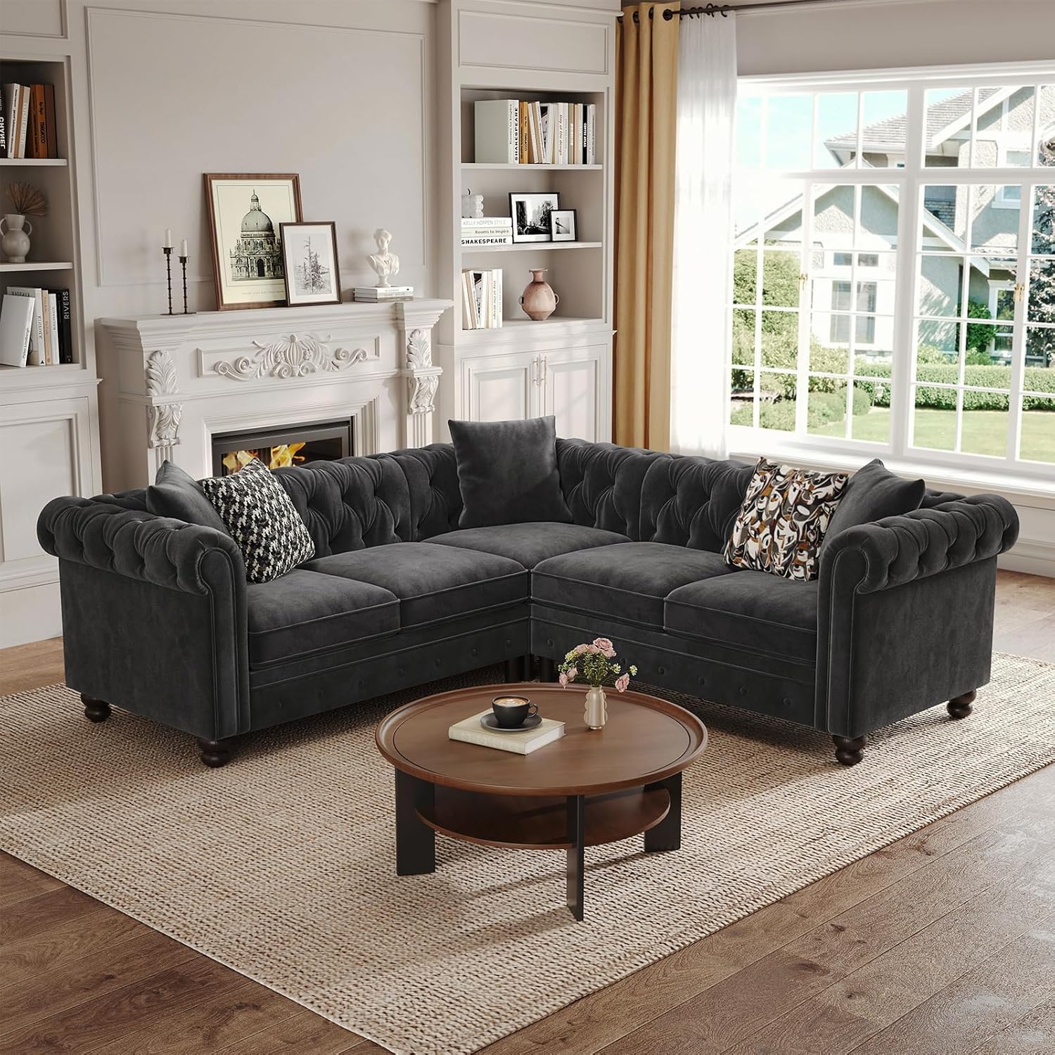 ONBRILL Velvet Chesterfield Sofa, L Shaped Sectional Sofa