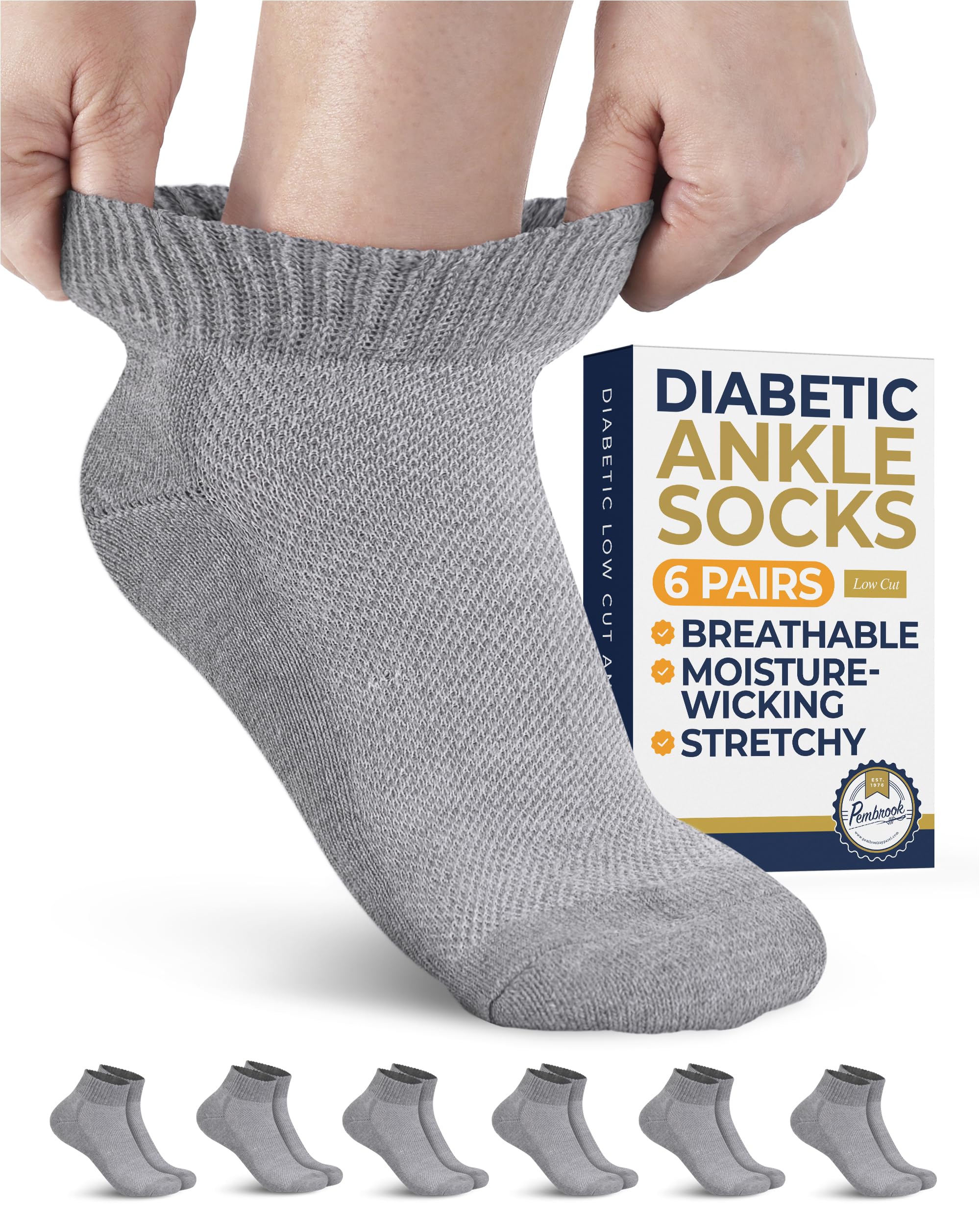 Pembrook Diabetic Ankle Socks for Men and Women - 6 Pairs Low Cut Seamless | Diabetic Socks for Men