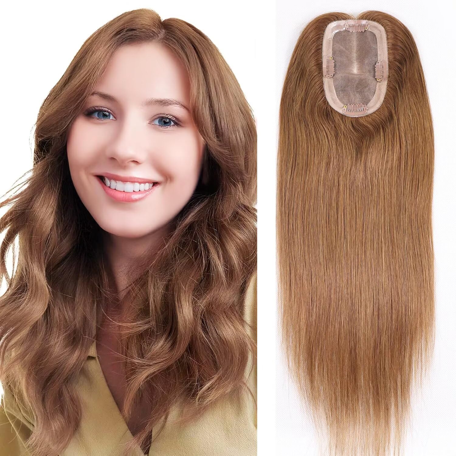 HAPPY&CC Hair Toppers for Women Real Human No Bangs 3x5 Inch Mono Clip In Topper Wiglets Top Hair Pieces for Women with Thinning Grey Hair Loss Coverage Hairpieces Blondish Brown 16 Inch