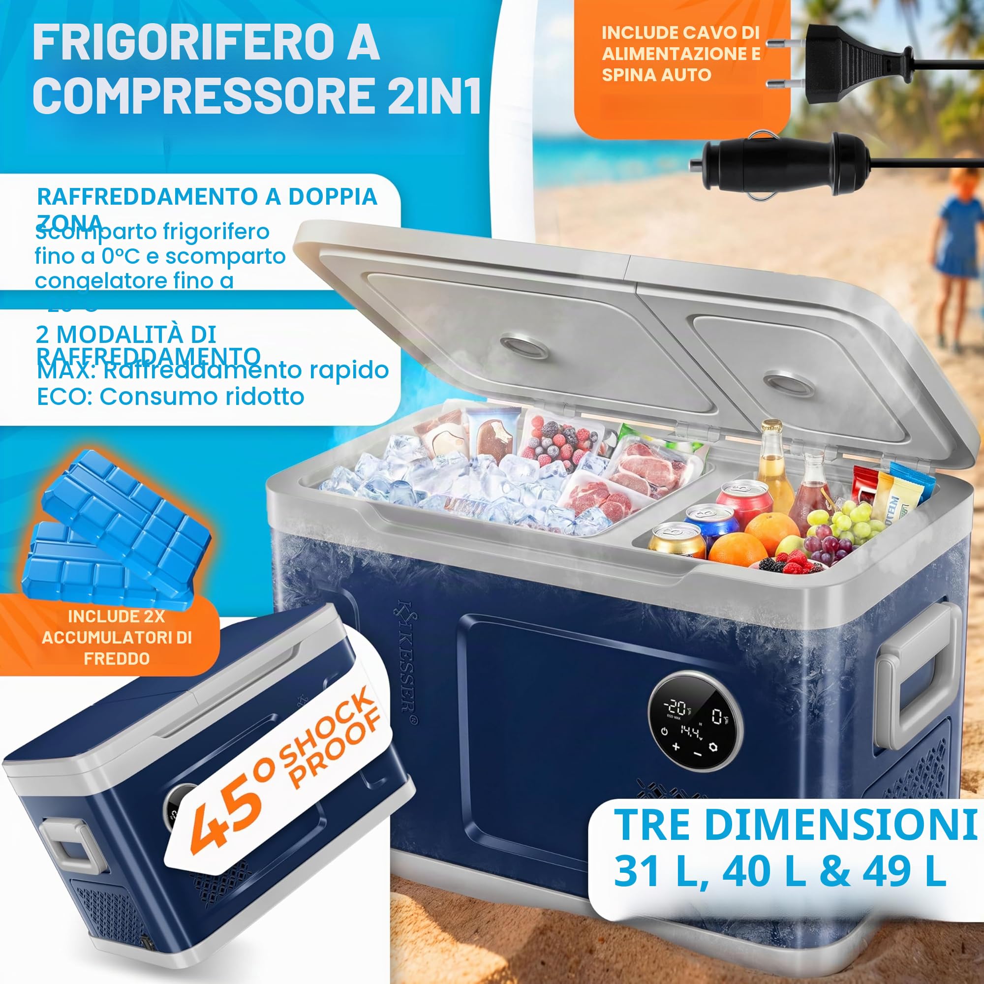 KESSER® Compressore frigorifero 2 in 1 doppia zona di raffreddamento e congelatore da 49 litri, congelatore elettrico con 2 batterie di raffreddamento e funzionamento touch LED, frigorifero fino a -20