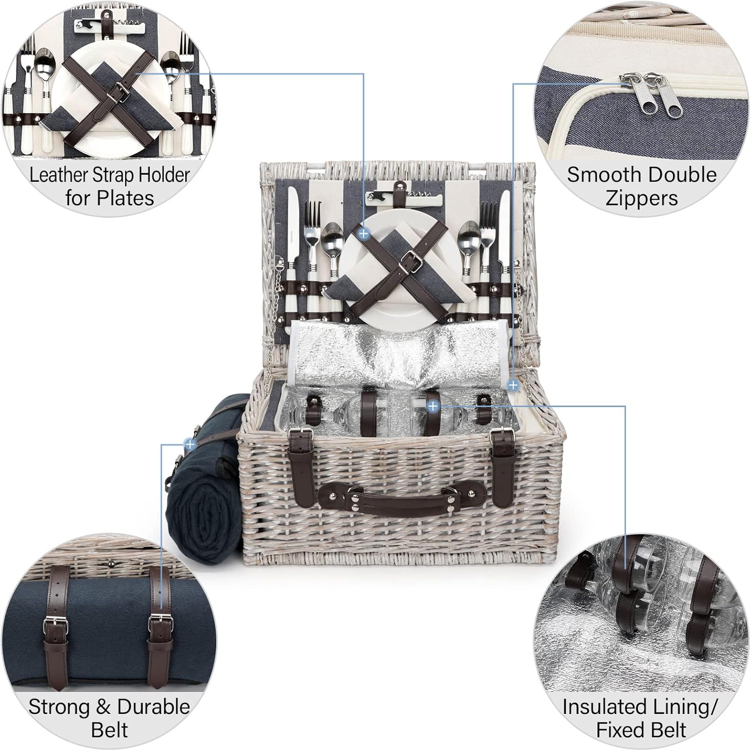 Picnic Basket Sets for 4 Persons with Insulation Layer,Waterproof Picnic Blanket, Tableware for Family,Party,Outdoor Living,Camping - Image 3